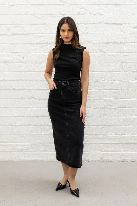 Black Denim Midi Skirt