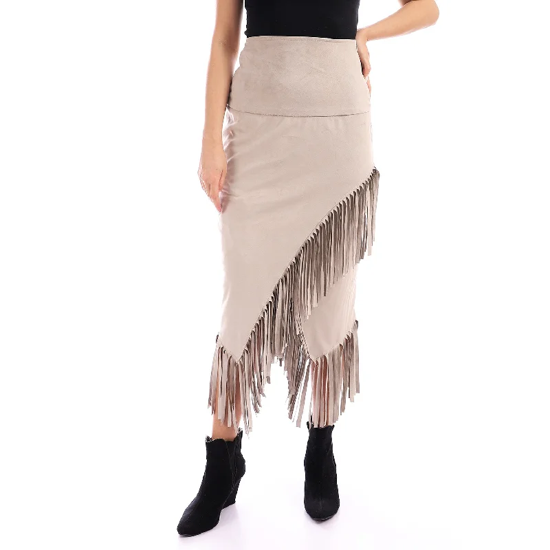 High Waist Front Slit Skirt With Fringe (B676) - Kady