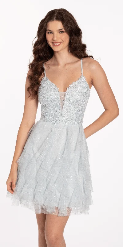 Plunging Glitter Cascade Fit and Flare Dress with Lace Bodice