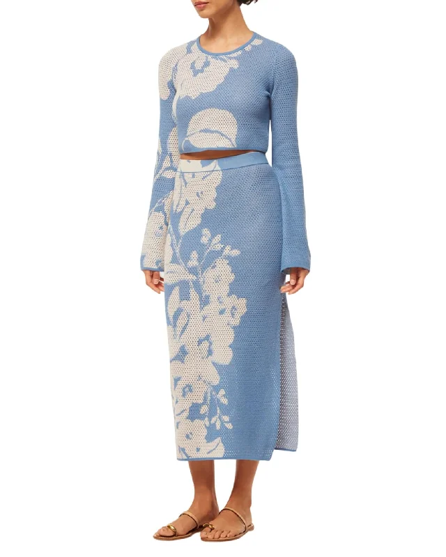 Cassi Crop Top & Matching Midi Skirt Set In Blue Hibiscus Flora