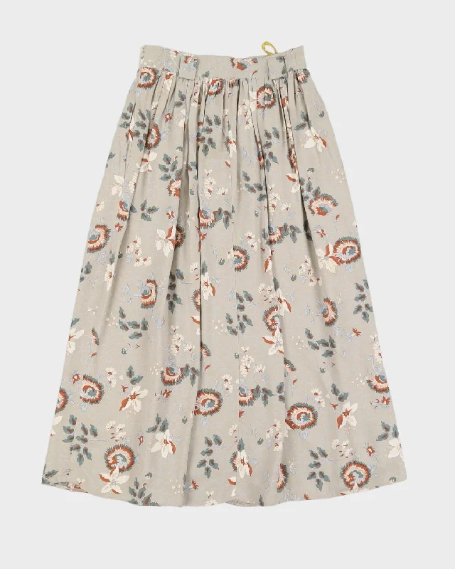 Grey Floral Pleated Midi Skirt - S