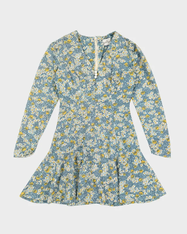 Vintage 70s Johnathan Logan Blue & Yellow Floral Mini Dress - S