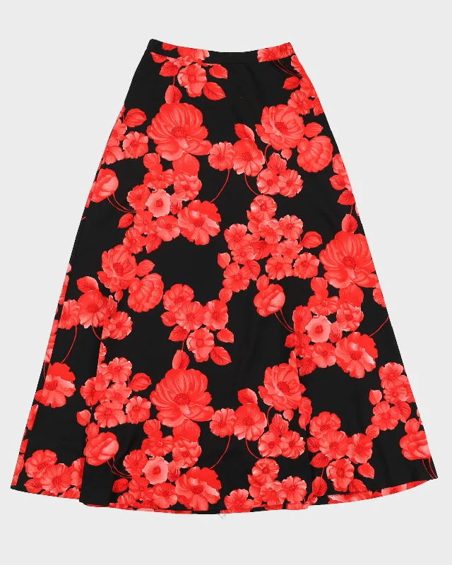 Vintage 80s Tan Jay Black & Red Floral Midi Skirt - M