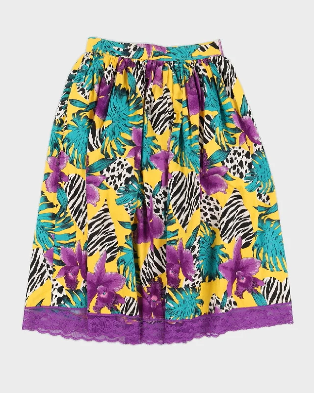 Yellow With Purple Floral Pattern Midi Skirt - S