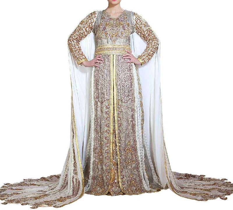 Contemporary Classy Gold and Off White & Gray Modern Moroccan Wedding Dress Long Sleeve Caftan