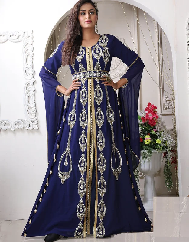 Islamic DarkBlue Georgette Stone Embroidery Moroccan Wedding Dress