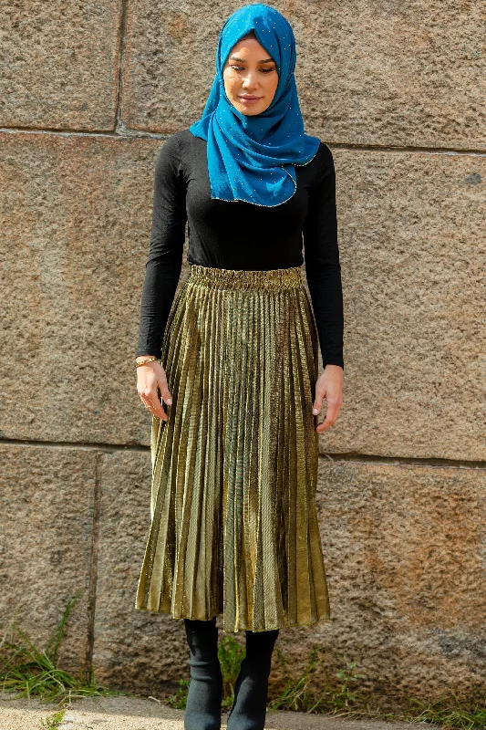 Gold Metallic Pleated Chiffon Maxi Skirt-CLEARANCE