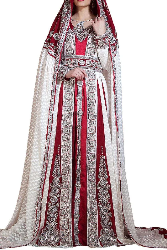 Off White and Maroon Color Embroidered & Handmade Wedding Dress Long Sleeve Moroccan Kaftan