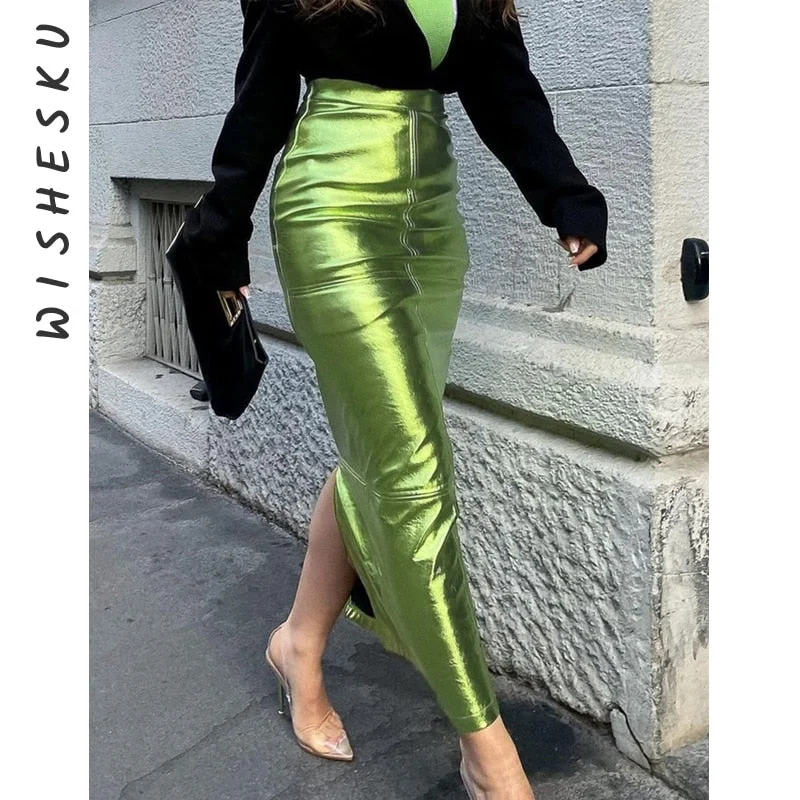 Sexy Sparkly Slit Long Skirts Women High Waist Metallic Green Slim Maxi Skirt 2023 Summer Harajuku Elegant Fairy Grunge Clothes