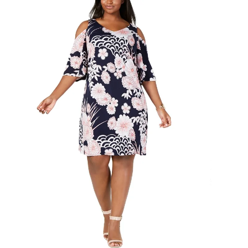 Connected Apparel Womens Plus Floral Cold Shoulder Mini Dress