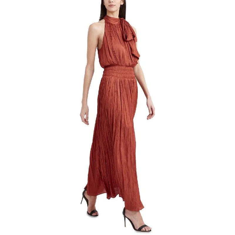 BCBGMAXAZRIA Women's Broomstick Satin Pleated Smocked Halter Maxi Dress