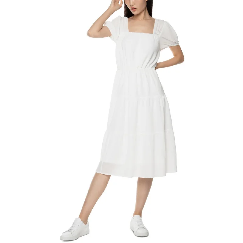 Black Tape_ Womens Puff Sleeve Daytime Midi Dress