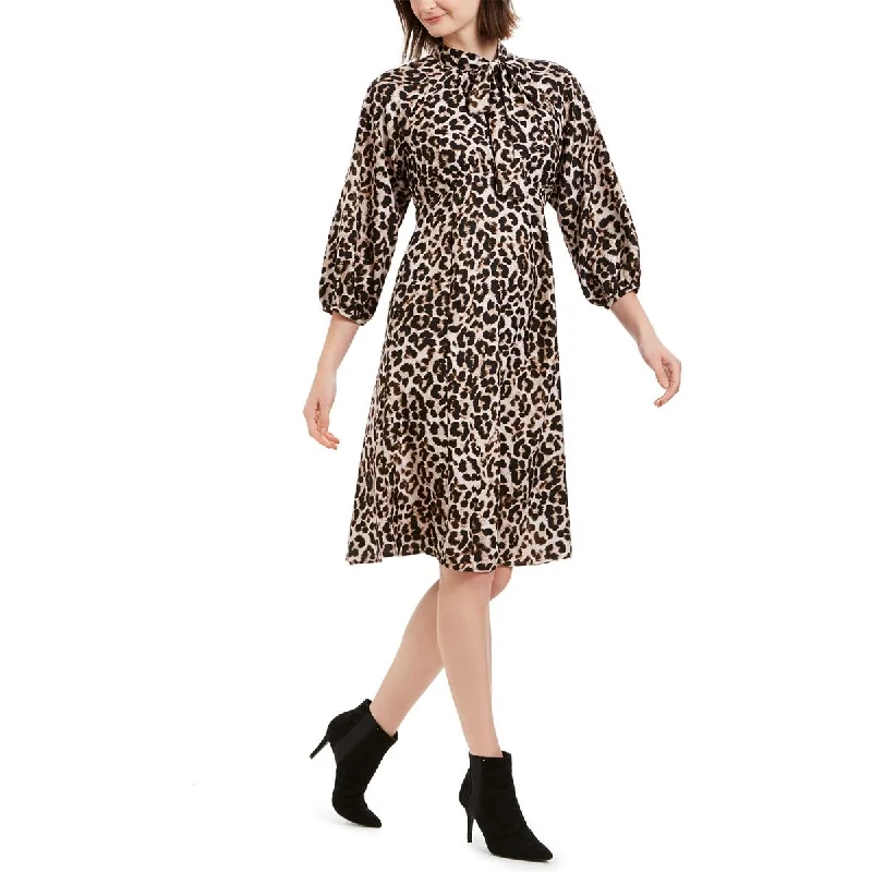 Calvin Klein Womens Bishop Sleeve Animal Print Midi Dress