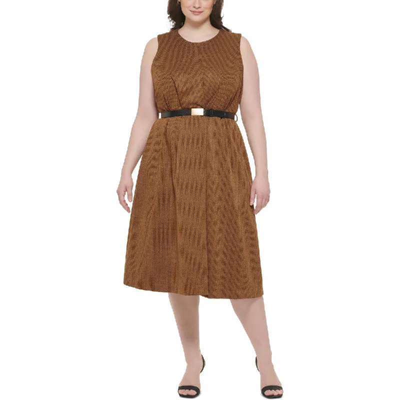 Calvin Klein Womens Plus Chevron Belted Midi Dress