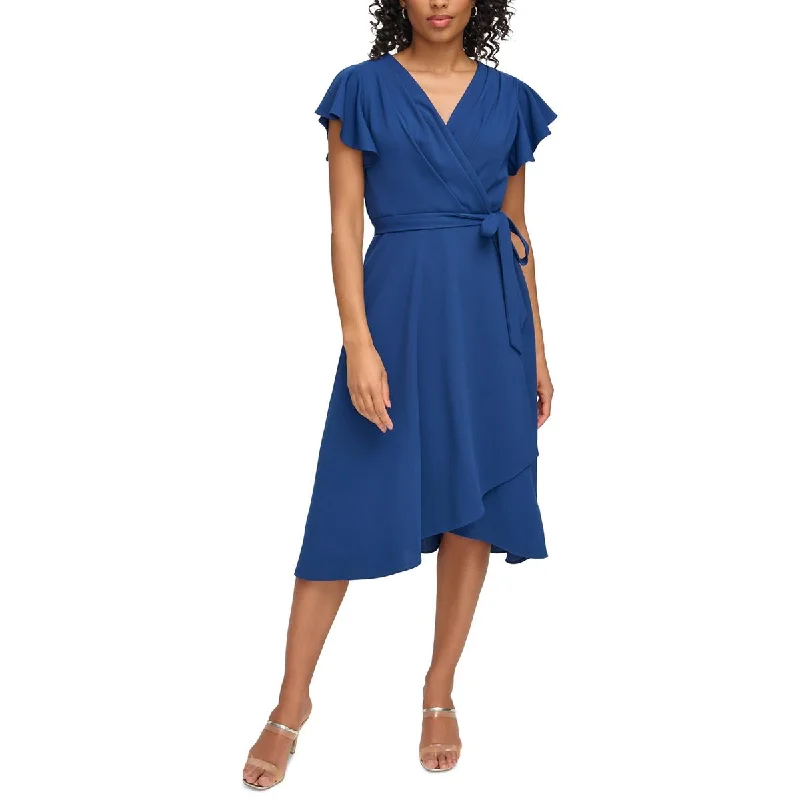 DKNY Womens Faux Wrap Pleated Midi Dress