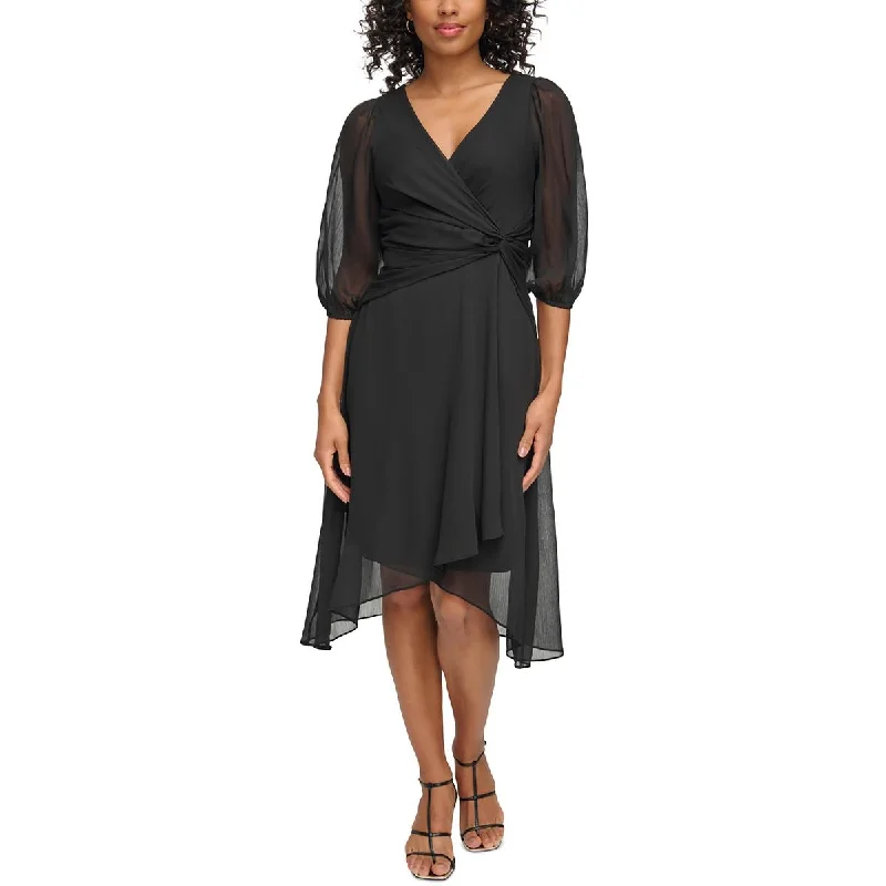 DKNY Womens Gathered Chiffon Midi Dress