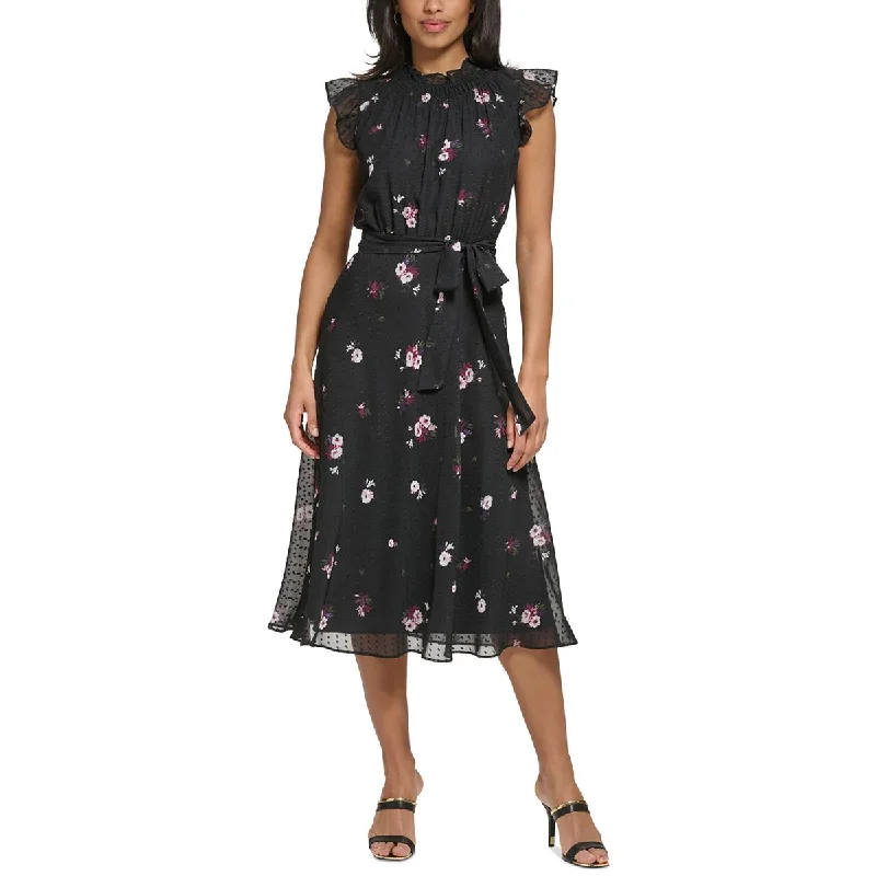 DKNY Womens Midi Floral Print Midi Dress