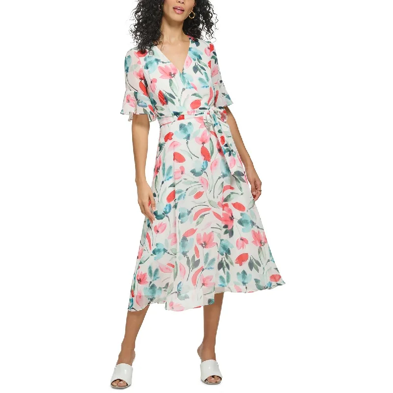 DKNY Womens Petites Floral  Midi Dress