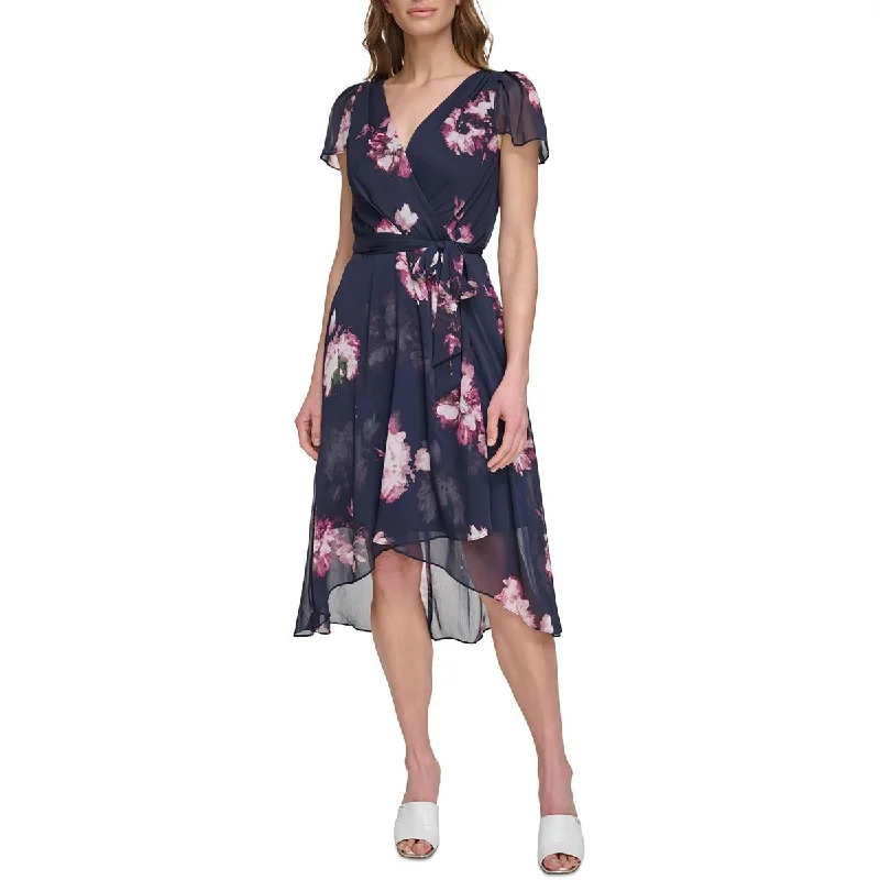 DKNY Womens Petites Floral Print Crepe Midi Dress