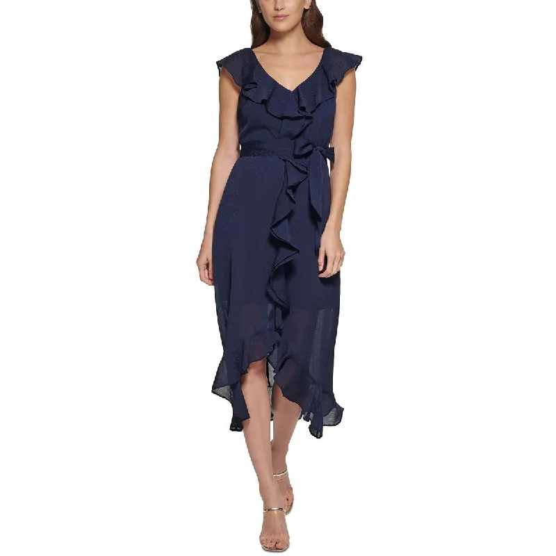 DKNY Womens Ruffled Mid-Calf Midi Dress