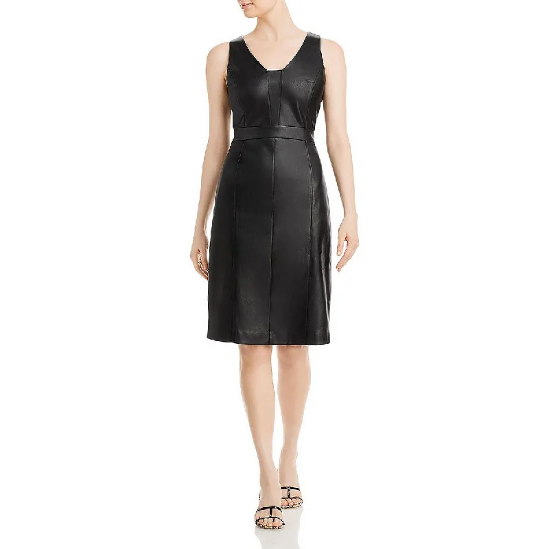 T Tahari Womens Faux Leather Knee Midi Dress