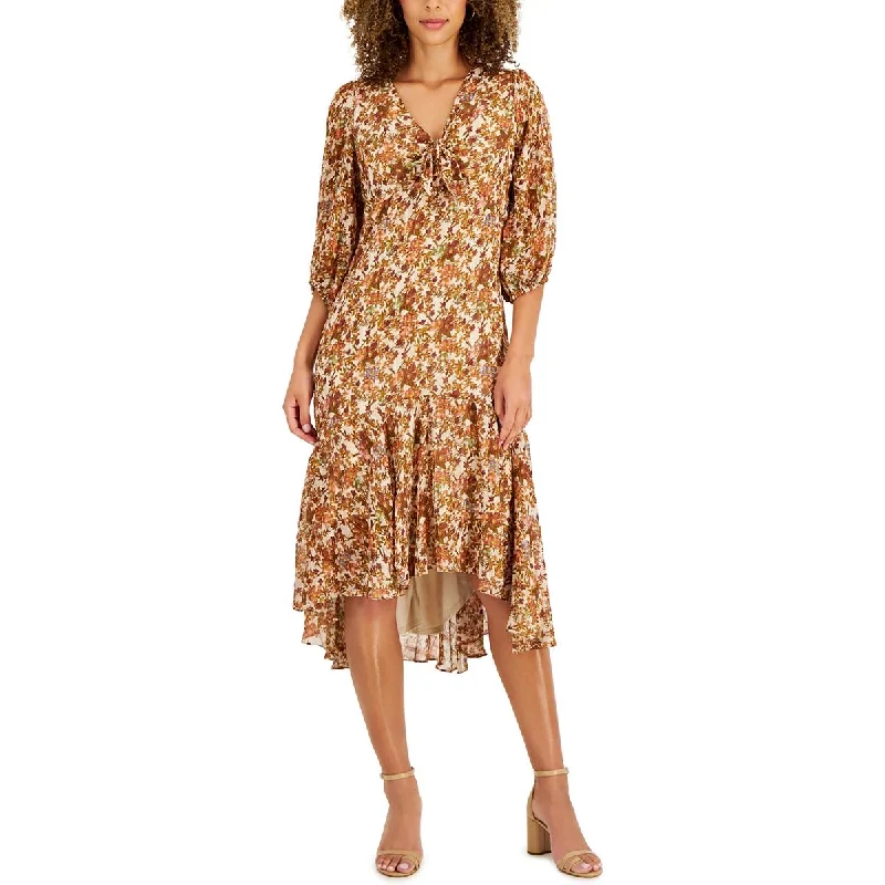 Taylor Womens Petites Floral Print Midi Dress