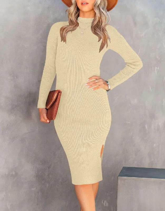 Anrabess Long Sleeve Ribbed Sweater Slim Fit Slit Midi Dress