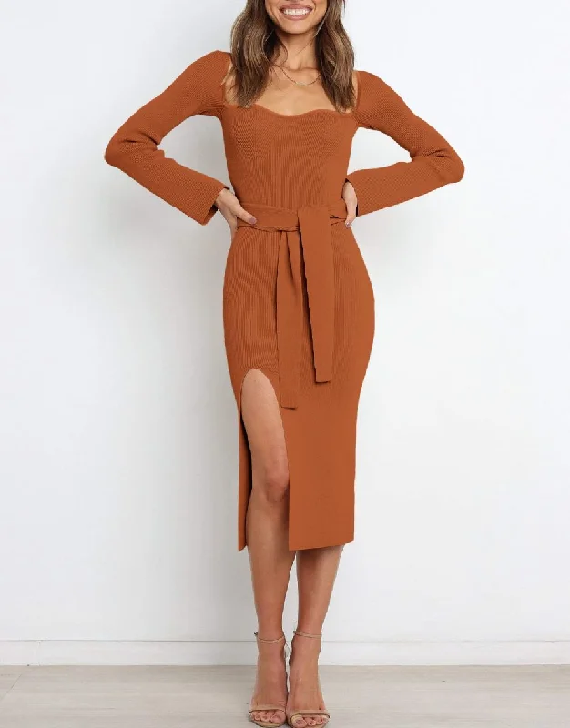 Anrabess Sweetheart Neck Sweater Slit Midi Dress