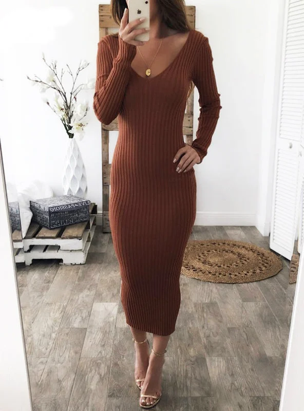 Long Sleeve Sexy Midi Dresses Elastic Slim Party Dress