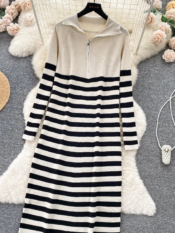 Zippered Collar Striped Knit Midi Dress