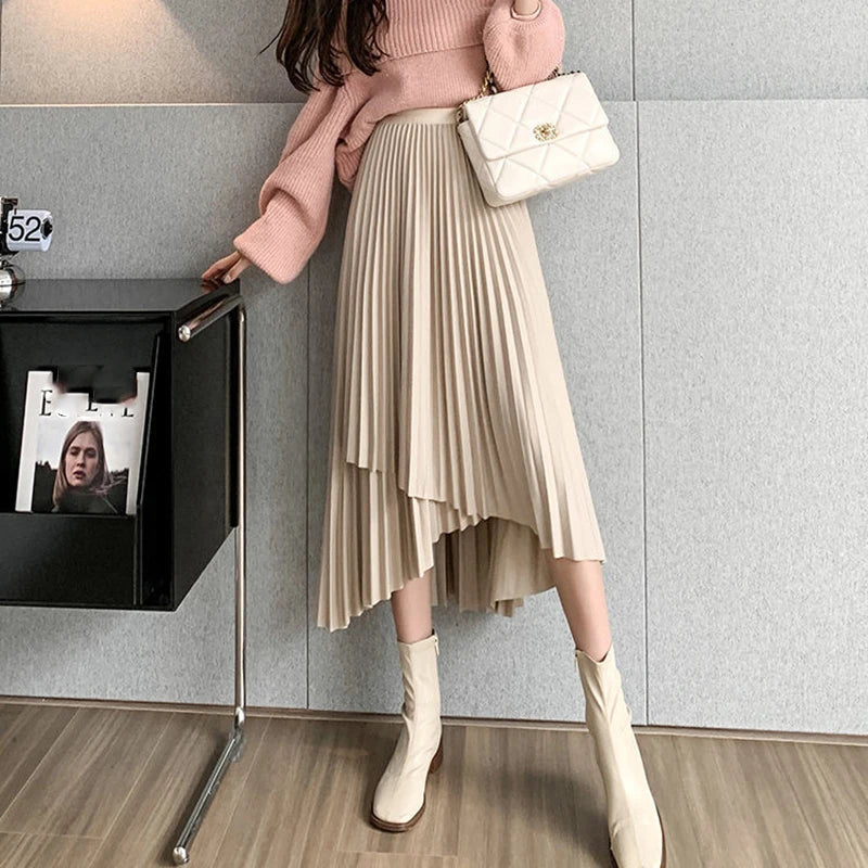 Lucyever Vintage Streetwear Pleated Skirts Female Autumn Winter High Waist Irregular Long Skirt Women Fashion A Line Midi Skirts