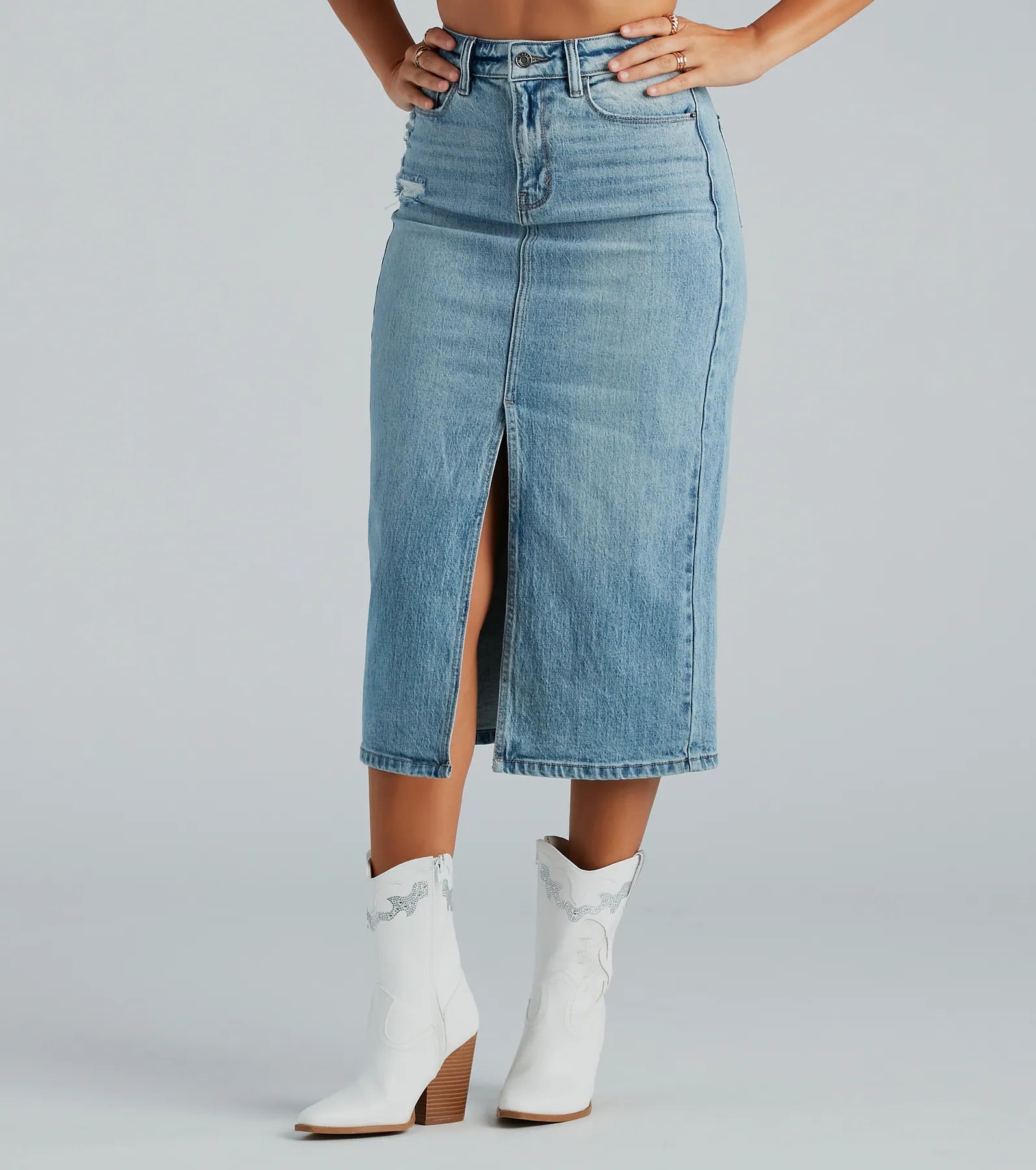 All That Denim Slit Midi Skirt