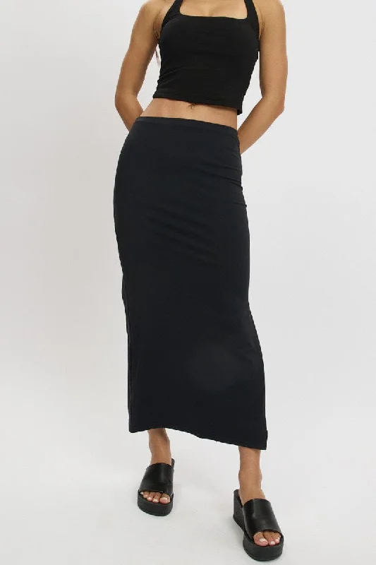 Black Midi Skirt High Rise Supersoft Lined