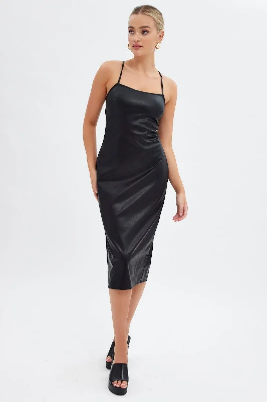 Black Faux Leather Dress Sleeveless Scoop Neck Midi