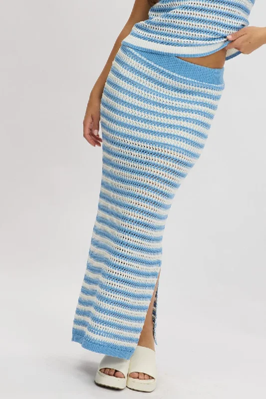 Blue Stripe Crochet Knit Skirt Elastic Waist Midi Lined