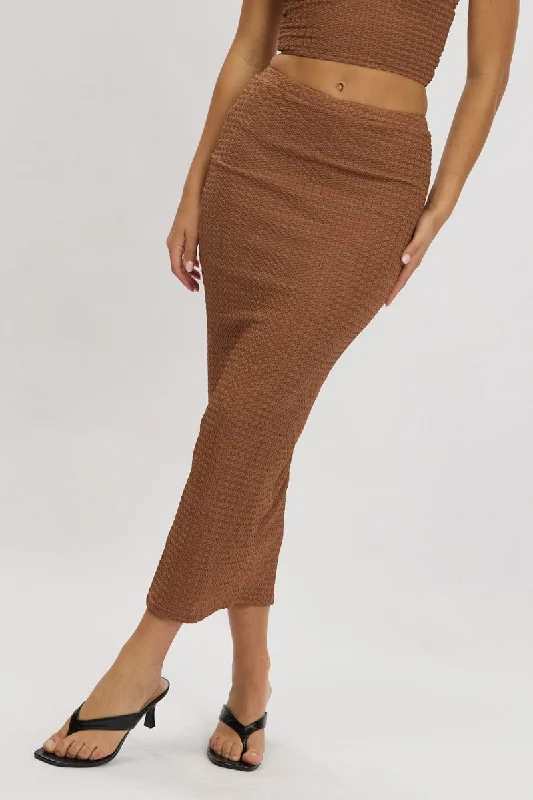 Brown Midi Skirt High Rise Textured Jersey