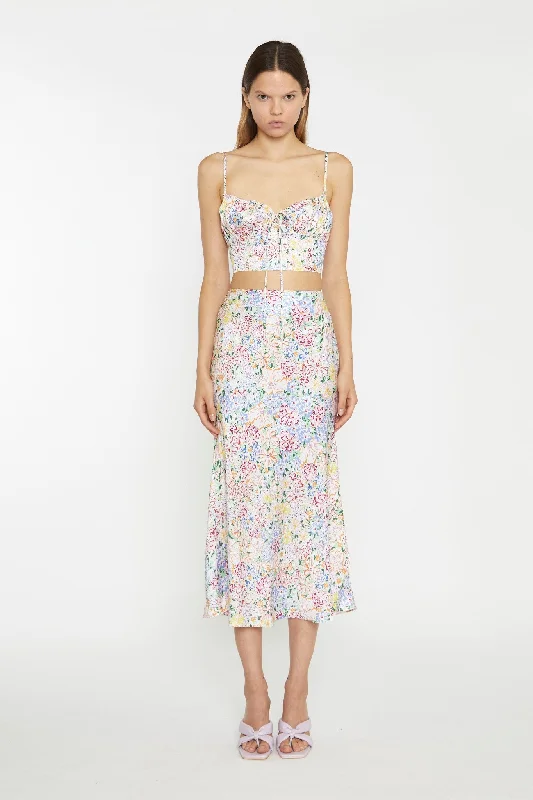 Painted Multi-Floral Bias-Cut Midi-Skirt