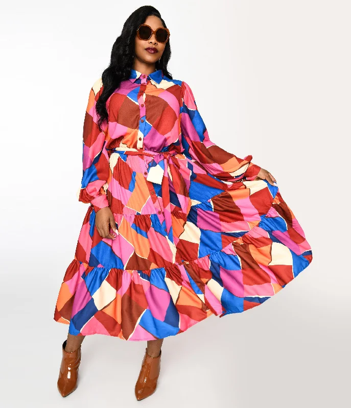 1970s Multicolor Geometric Tiered Maxi Shirt Dress