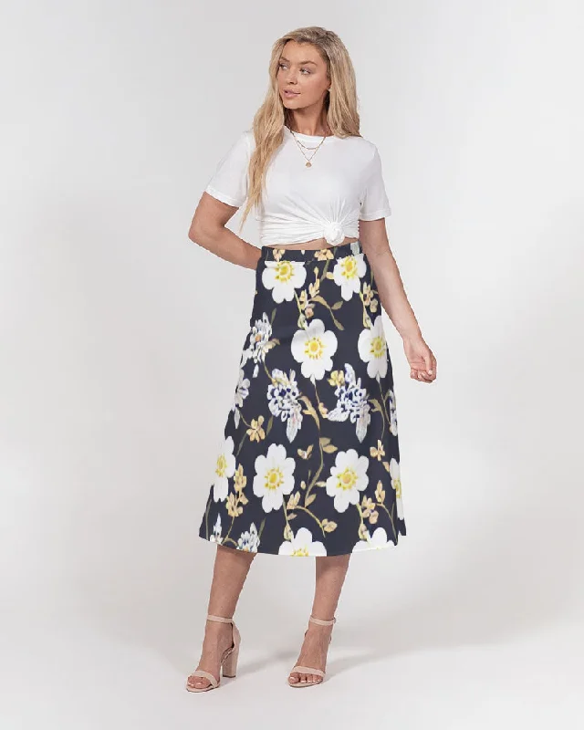 Pink flower black background Women's All-Over Print A-Line Midi Skirt