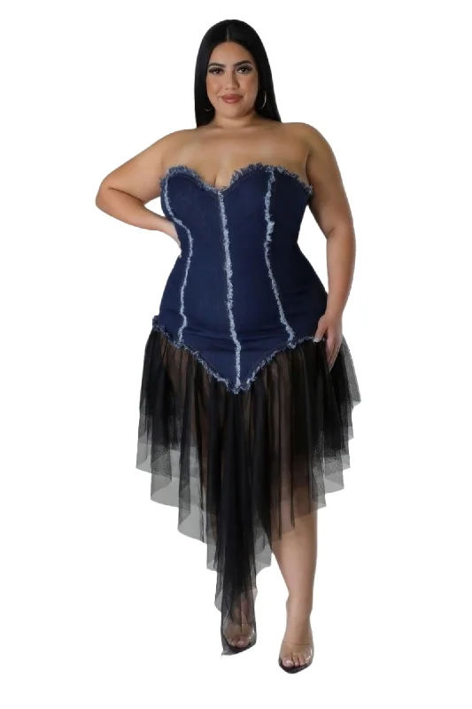 Plus Non-stretch Jean Corset Dress Tulle Hem