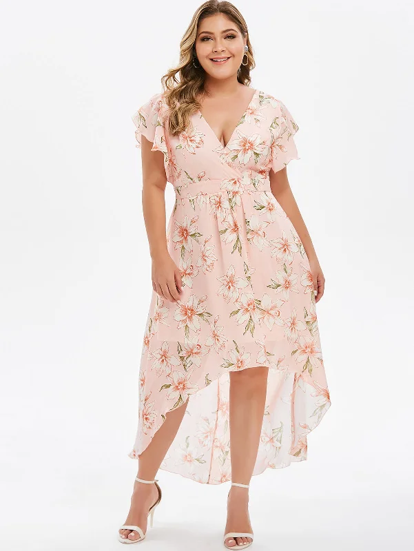 Rosegal Plus Size High Low Maxi Floral Dress Asymmetrical Short Sleeves High Waist Women Long V-Neck Ruffles Dresses 2019