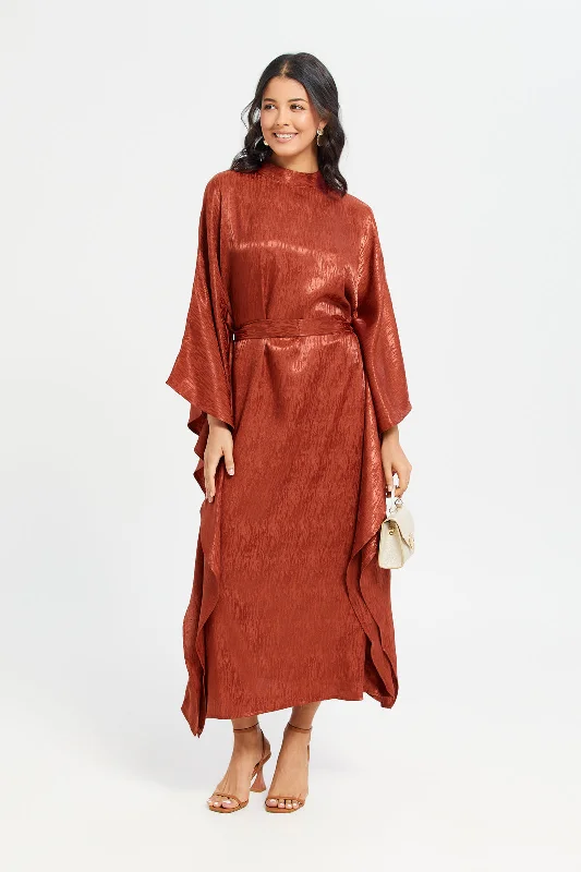 Women Rust Jacquard Satin Kaftan Dress