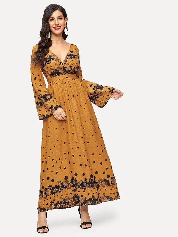 Surplice Neck Bell Sleeve Fit & Flare Floral Dress