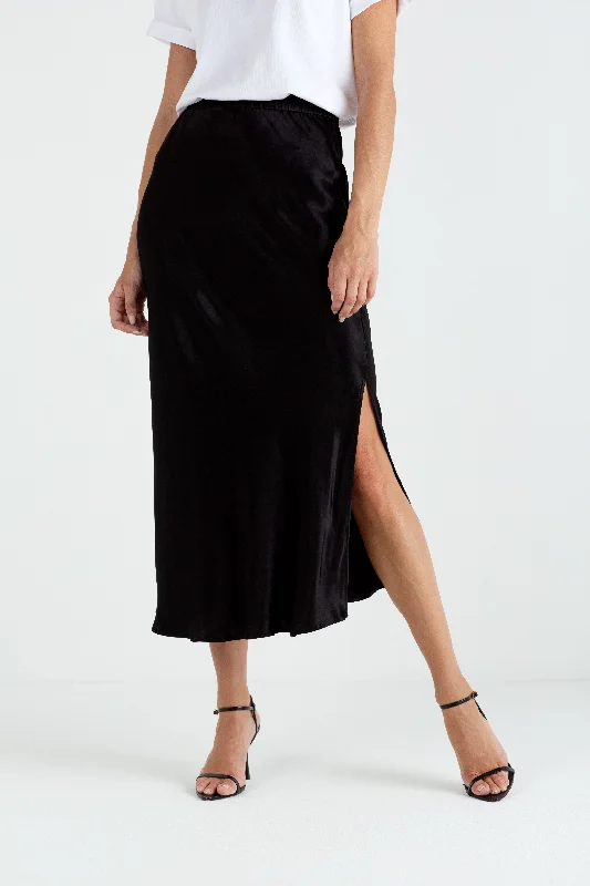 "The Orla" - Satin Midi Skirt (Black)