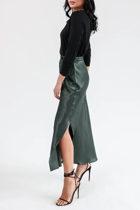 "The Orla" - Satin Midi Skirt (Khaki)