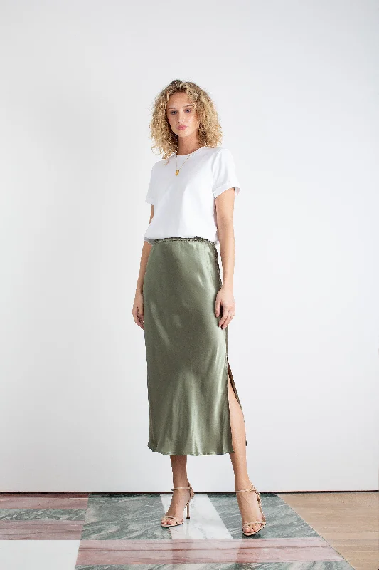 "The Orla" - Satin Midi Skirt (Pistachio)