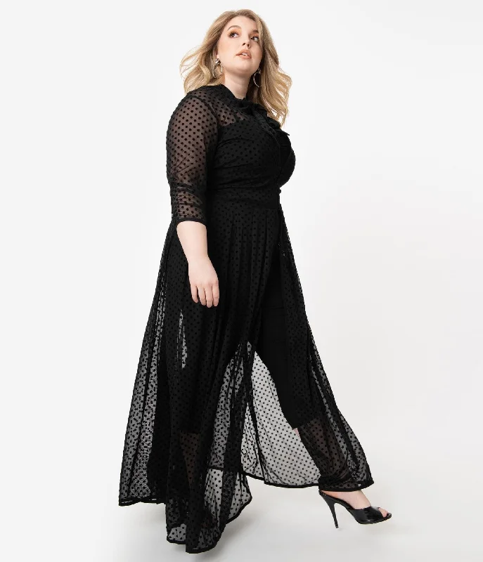 Unique Vintage Plus Size Black Swiss Dot Starlet Duster