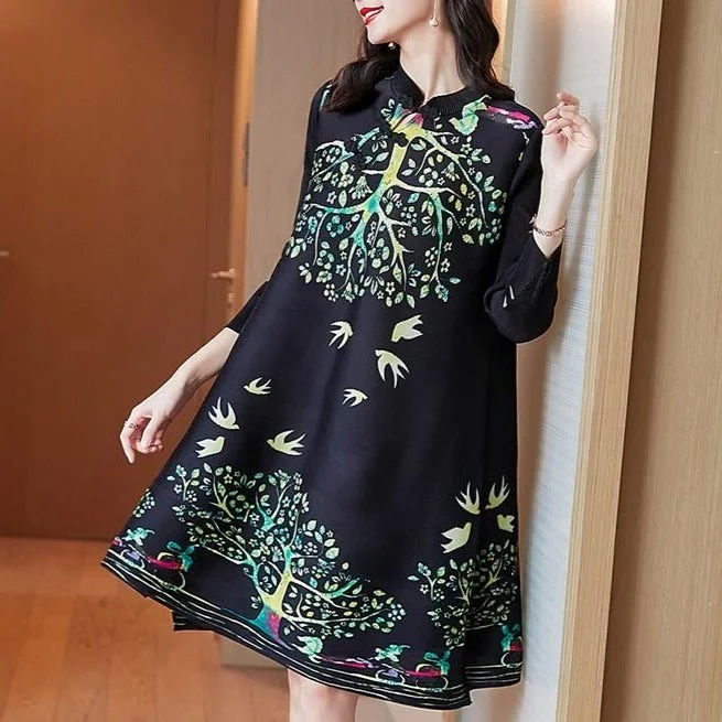 3/4 Sleeve Knee Length Folded Floral Print Chinese Style Casual Dress Boho Dress