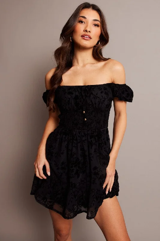 Black Fit And Flare Dress Puff Sleeve Mini Burn Out