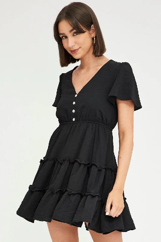 Black Fit And Flare Dress Short Sleeve Mini